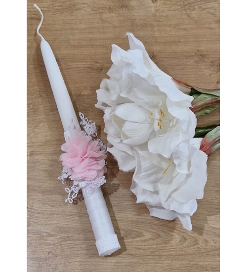 Krikšto balta žvakė su rožiniu papuošimu 30 cm. Spalva balta 
